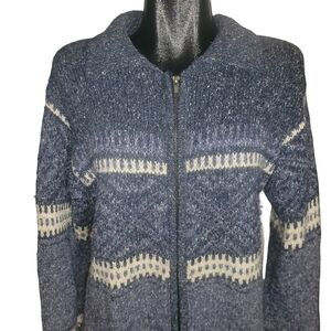 Vintage Maggie Blue and White Knit Zip Up Cardigan Size M